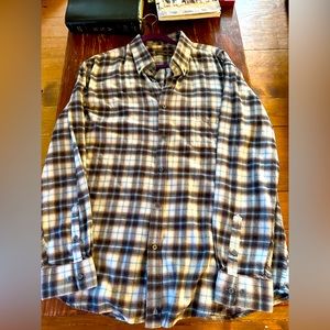 White, brown and light blue plaid